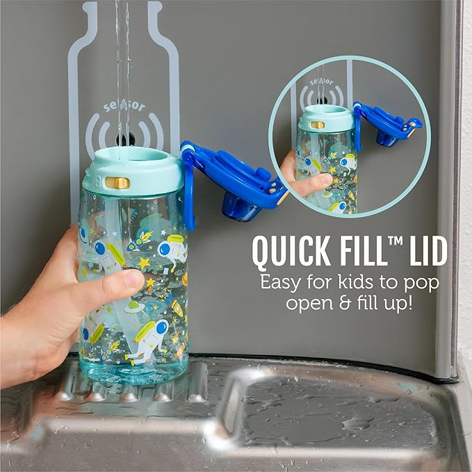 Ello Kids Pop & Fill 16oz Tritan Plastic Water Bottle with Quick Fill Technology, Leak Proof Locking Lid, Sip & Chug, BPA Free, Dishwasher Safe, For School, Lunchboxes, Construction