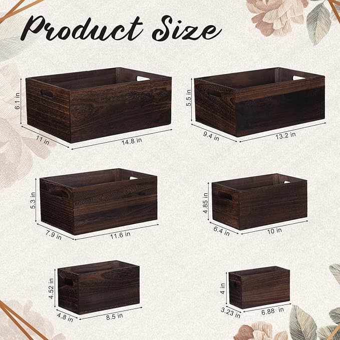 AceOrbit Set of 6 Wood Crates with Handles, Rustic Decorative Storage Boxes Distressed Wooden Nesting Display Baskets for Farmhouse, Wedding, Party Storage Display Supplies (Dark Brown)