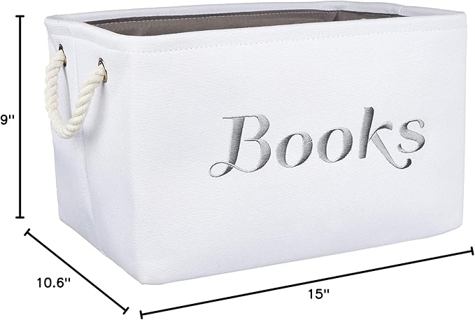 APPLE PIE ORDER Nursery basket, Storage & organizer Bin for Baby, Diapers, Wipes, Books, Toys. White Canvas fabric Decorative Box with Embroidering. (Books - Gray, Medium)