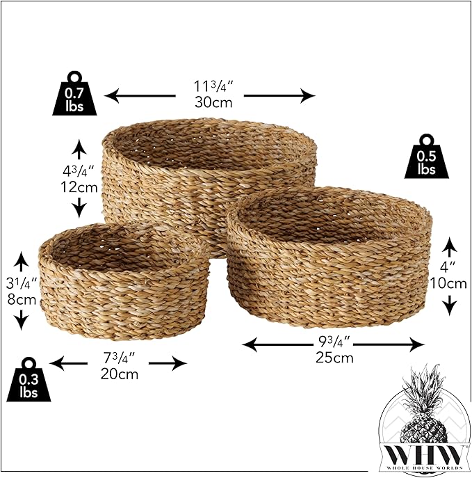 WHW Whole House Worlds Wicker Bread Basket Bowls, Set of 3, Thick Chunky Seagrass, Sweater Weave, Decorative, 11.75, 9.75, and 7.75 D Inches