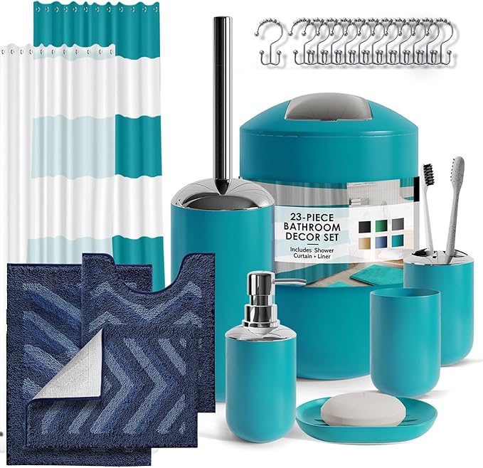 Clara Clark Bathroom Accessories Set - 23PC Shower Curtain Set with Bathroom Trash Can, Teal Bathroom Set, Bathroom Sets with Shower Curtain and Navy Rugs