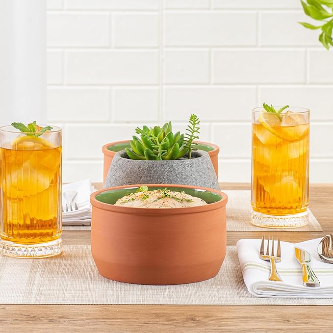 Restaurantware-Terra Tek 34 Ounce Terracotta Cazuelas, 2 Green Glazed Clay Pots For Cooking - Oven-Ready, Microwavable, Terracotta Serving Pots, Dishwashable, For Cooking And Serving