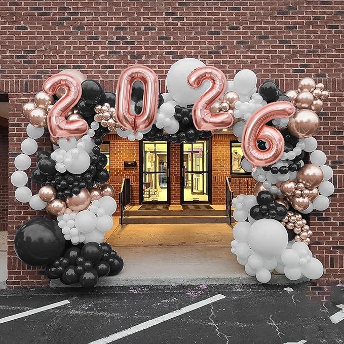 Graduation Decorations Class of 2026: Rose Gold and Black Graduation Balloon Arch Garland Kit and Rose Gold Confetti Balloons Congrats Grad Banner 2026 Foil Balloon Decorations For Grad Party