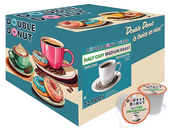 Double Donut Coffee Half Caff Coffee Pods, Single Serve Half Caffeine Coffee Pods For Keurig K Cup Brewers, Medium Roast, 72 Count