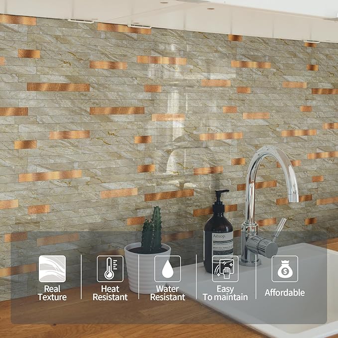Yipscazo 10 Sheets Peel and Stick Stone Metal Tile Backsplash, Stick on Tiles for Backsplash Kitchen, Bathroom, Laundry Room, Camper, Fireplace (12'' X 12'', Polished Beige)