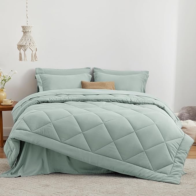 Love's cabin California King Comforter Set Aqua, 7 Pieces California King Bed in a Bag, All Season Bedding Sets with 1 Comforter, 1 Flat Sheet, 1 Fitted Sheet, 2 Pillowcase and 2 Pillow Sham | Soft, Breathable, Lightweight, Comfortable