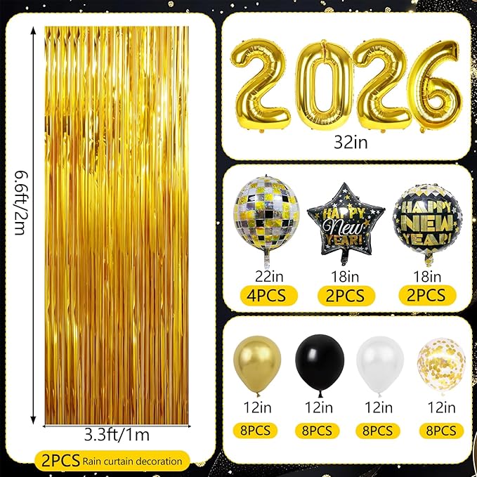 Happy New Year Decorations 2026, Foil Balloon Fringe Curtains Latex Balloons Curtains Photography Backdrops Photo Booth Props Blowouts for New Years Eve Celebration
