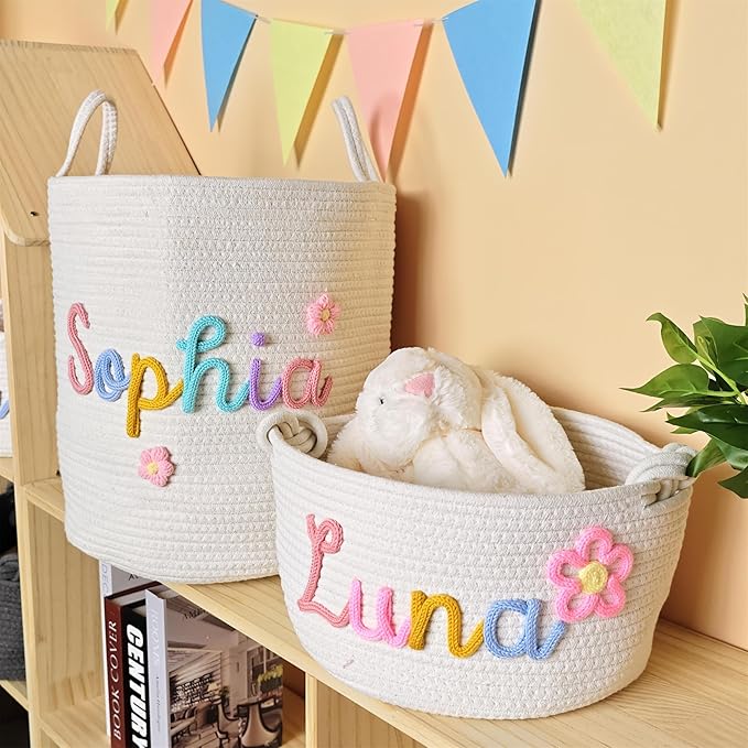 JUPPE Pet Dog Basket with Personalized Name, Dog Toys Storage Organizer Custom Cotton Rope Basket Nursery Decor (XL Basket)