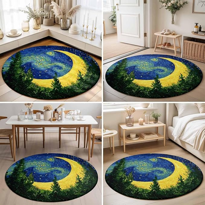 Washable Round Area Rug Giant Moon Forest Expressionist Art Circle Rugs Floor Carpet for Living Room Bedroom, Dreamy Night Navy Blue Soft Non Slip Round Rug 3ft