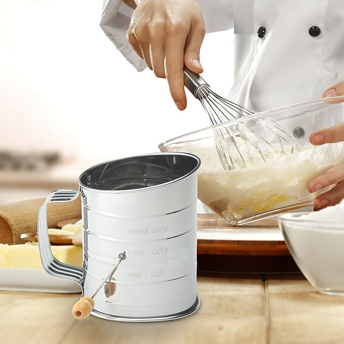 Mrs. Anderson's Baking Hand Crank Flour Sifter, Stainless Steel, 3-Cup Capacity, For Breaking Up Clumps And Aerating Flour And Powdered Sugar