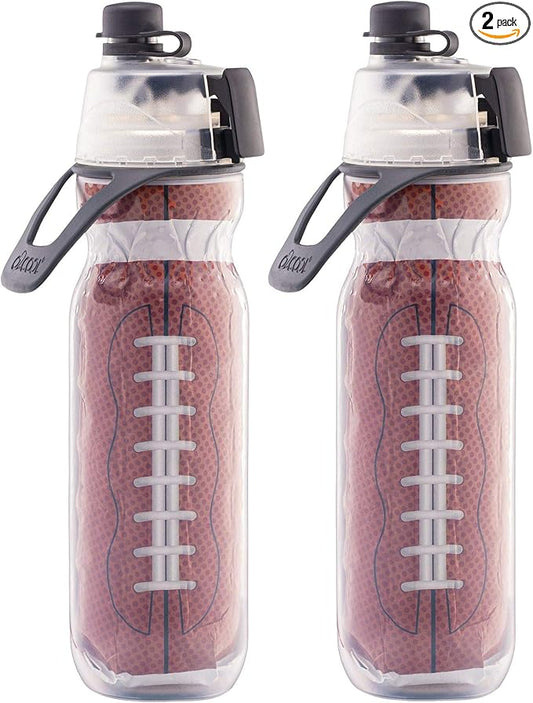 O2COOL Mist N Sip 2-in-1 Misting Water Bottle, 20 oz (2 Pack Football), Reusable Sports Bottle with Pull Top Spout & High Flow Rate - BPA Free, Insulated, Lightweight