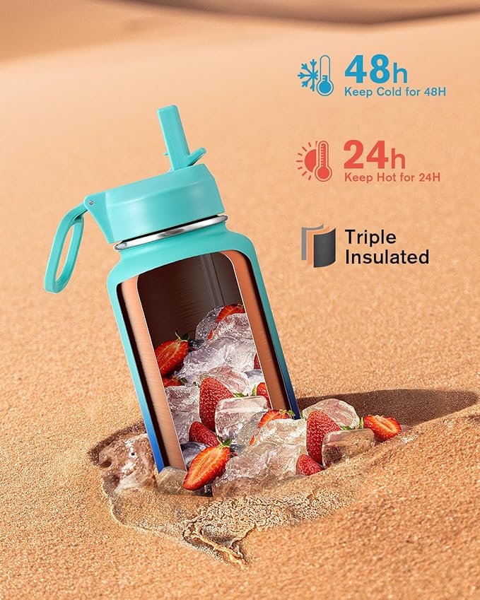 Coolflask Water Bottle 40 oz Insulated with Straw, Stainless Steel Metal 3 Lids Water Flask for Sports or Office, Keep Cold 48H Hot 24H, Pacific Prince