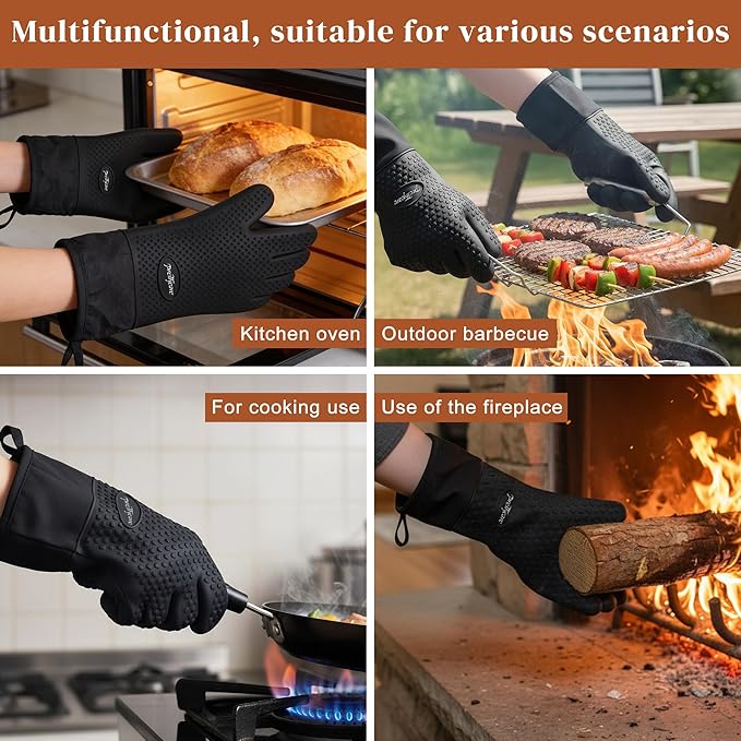 PrettyCare Extra Long 14in Silicone Oven Mitts, Waterproof & Non-Slip Oven Gloves with Fingers,Cotton Lined Silicone Oven Gloves Kitchen Mitts-Heat Resistant for Baking Cooking BBQ（Black