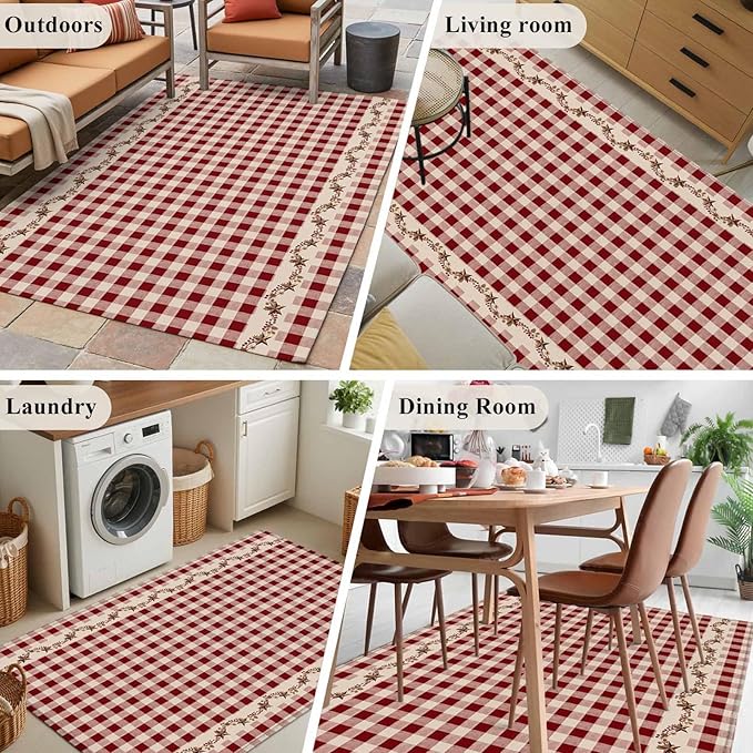 Area Rug 3x5ft, Vintage Red Buffalo Plaid Berry Washable Rugs for Living Room Bedroom, Farmhouse Western Star Soft Non-Slip Area Rugs Rectangle Floor Carpet for Dining Room