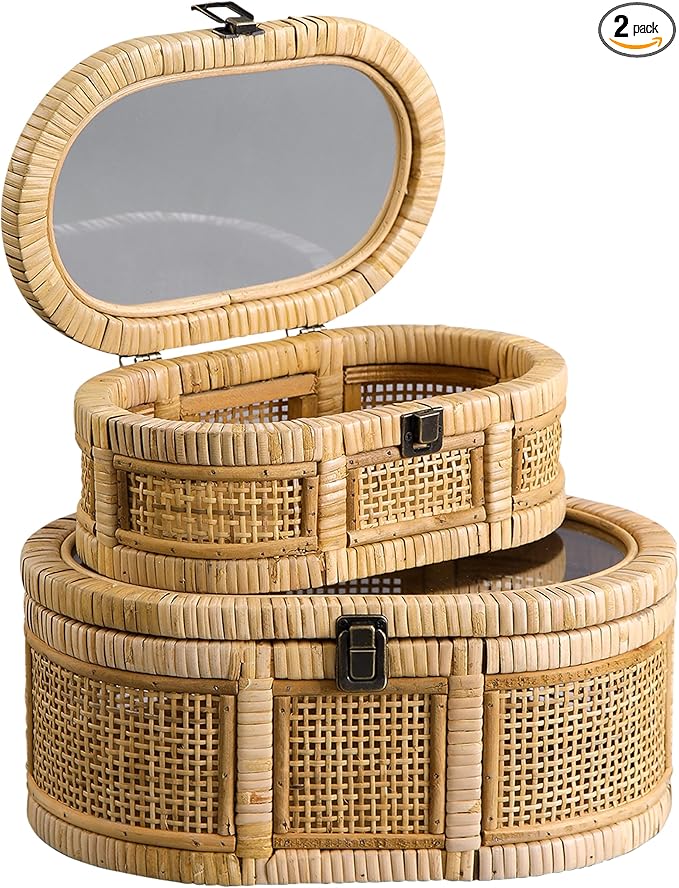 SOFE Oval Rattan Boxes with Glass Lid Set of 2, Farmhouse Stacking Decorative Boxes for Home Decor Organizers, Handwoven Boho Storage Bins, Thanksgiving, Christmas, Housewarming Gifts