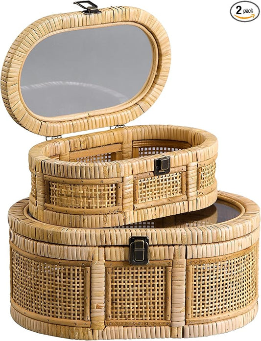 SOFE Oval Rattan Boxes with Glass Lid Set of 2, Farmhouse Stacking Decorative Boxes for Home Decor Organizers, Handwoven Boho Storage Bins, Thanksgiving, Christmas, Housewarming Gifts