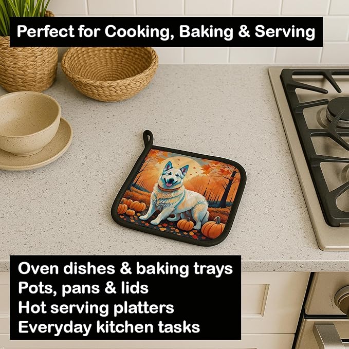 Caroline's Treasures DAC1047PTHD White German Shepherd Fall Pair of Pot Holders Kitchen Heat Resistant Pot Holders Sets Oven Hot Pads for Cooking Baking BBQ, 7 1/2 x 7 1/2