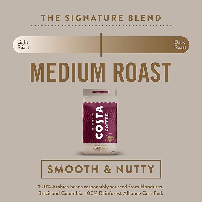 Costa Coffee Ground Coffee, Signature Blend Medium Roast, 12oz each, Rainforest Alliance Certified (Pack of 3)