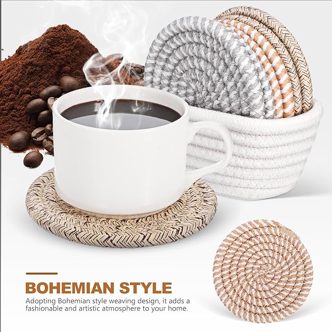 UKCOCO Bohemian Style Cotton Rope Woven Cup Coasters Set 6pcs 11cm Absorbent Decorative Drink Mats with Storage Basket for Table Bar Use Random Color