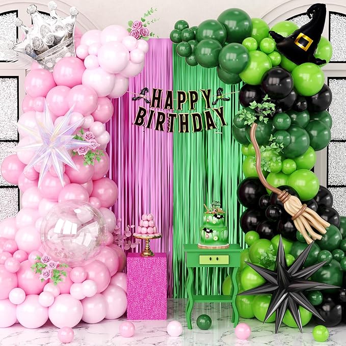 Pink and Green Balloon Arch Kit, 153Pcs Wick Party Decorations with Wick Balloons Arch and Foil Fringe Curtains for Princess Birthday Fairy Wonderlad Party Supplies