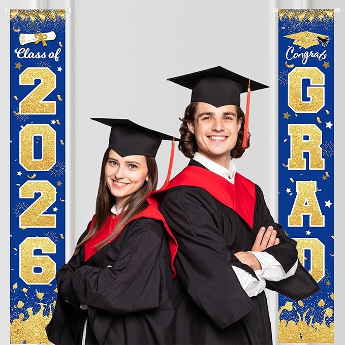 2026 Graduation Party Decorations - Blue Gold Class of 2026 Congrats Grad Porch Sign Banner Hanging Flag Graduation Party Supplies for School College Classroom Decor