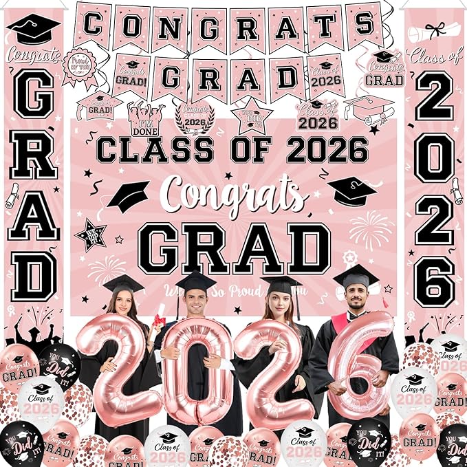 Graduation Decorations Class of 2026 - Rose Gold Graduation Decorations Include Grad Backdrop, Banner, Hanging Swirls, Porch Sign, Balloons for Congrats Grad Party Decorations