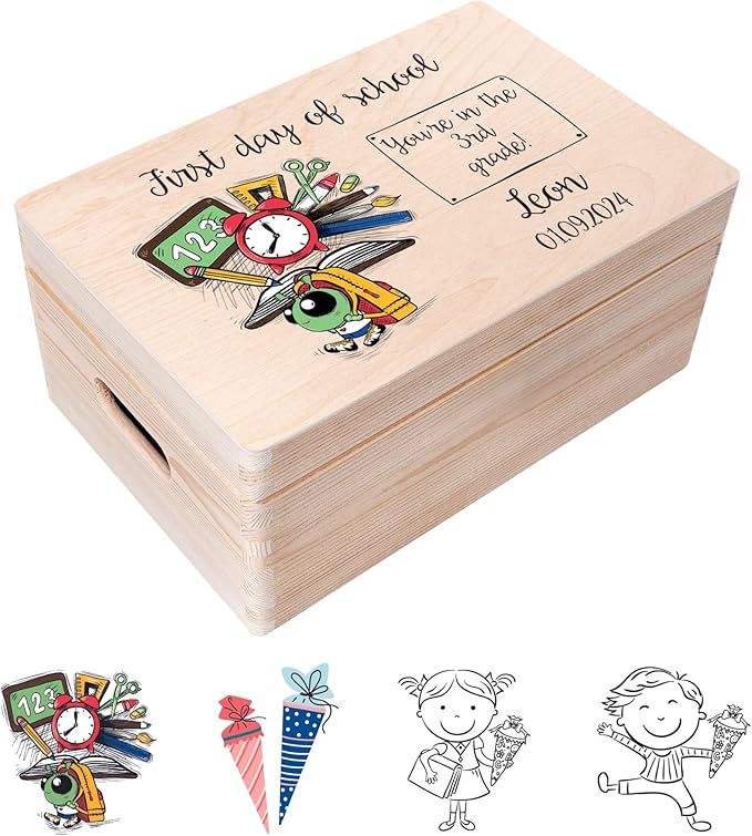 Creative Deco Personalized Wooden Storage Box School Box | 11.8 x 7.87 x 5.51 in (+-0.5) | Mulitple Choice | Hinged Lid Handle Engraving | Unpainted Gift Box | Rough UNSANDED Keepsake Souvenir Chest