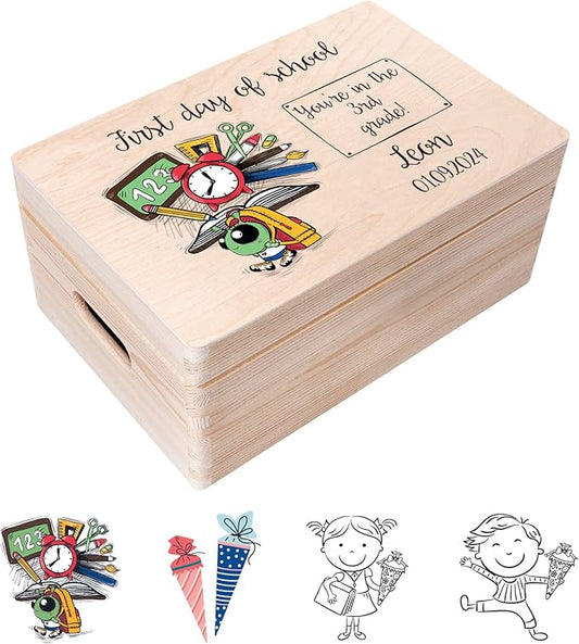 Creative Deco Personalized Wooden Storage Box School Box | 11.8 x 7.87 x 5.51 in (+-0.5) | Mulitple Choice | Hinged Lid Handle Engraving | Unpainted Gift Box | Rough UNSANDED Keepsake Souvenir Chest