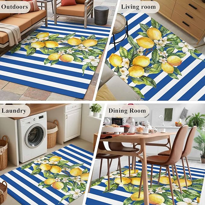 Area Rug 3x5ft, Summer Lemon Green Leaves Watercolor Washable Rugs for Living Room Bedroom, Blue Stripe Soft Non-Slip Area Rugs Rectangle Floor Carpet for Dining Room