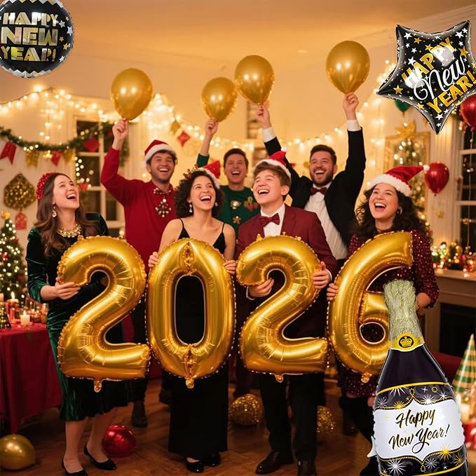 2026 Happy New Year Balloons Decorations Kit, 2026 New Years Eve party supplies, New Years Decorations 2026 Set with 2026 Foil Balloons Happy New Year Banner Champagne Curtains Backdrop for NYE Decor