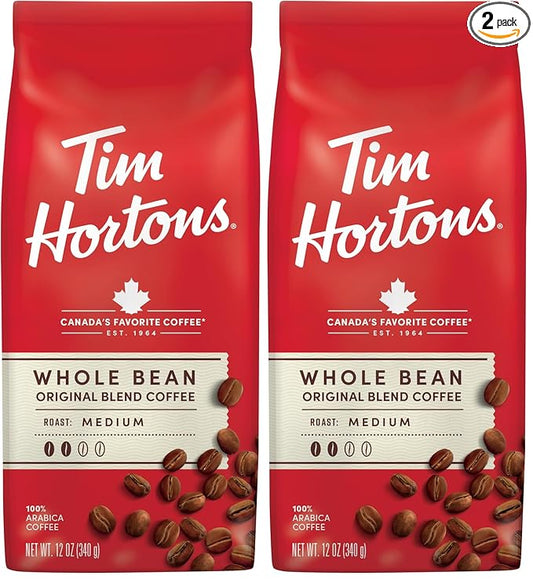 Tim Hortons Coffee, Medium Roast, Whole Bean | 100% Arabica | 12 Ounce Bag | Pack of 2