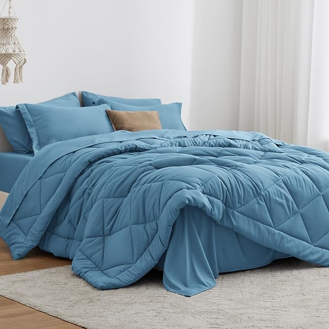 Love's cabin Twin Comforter Set Misty Blue, 5 Pieces Twin Bed in a Bag, All Season Bedding Sets with 1 Comforter, 1 Flat Sheet, 1 Fitted Sheet, 1 Pillowcase and 1 Pillow Sham | Soft, Breathable, Lightweight, Comfortable