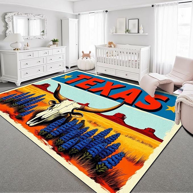 8x10 Area Rugs for Bedroom Boho Washable Man Cave Rug for Living Room Texas Desert Landscape Longhorn Skull Bluebonnets Bold Retro Soft Rubber Backed Non-Slip Large Carpets for Boys