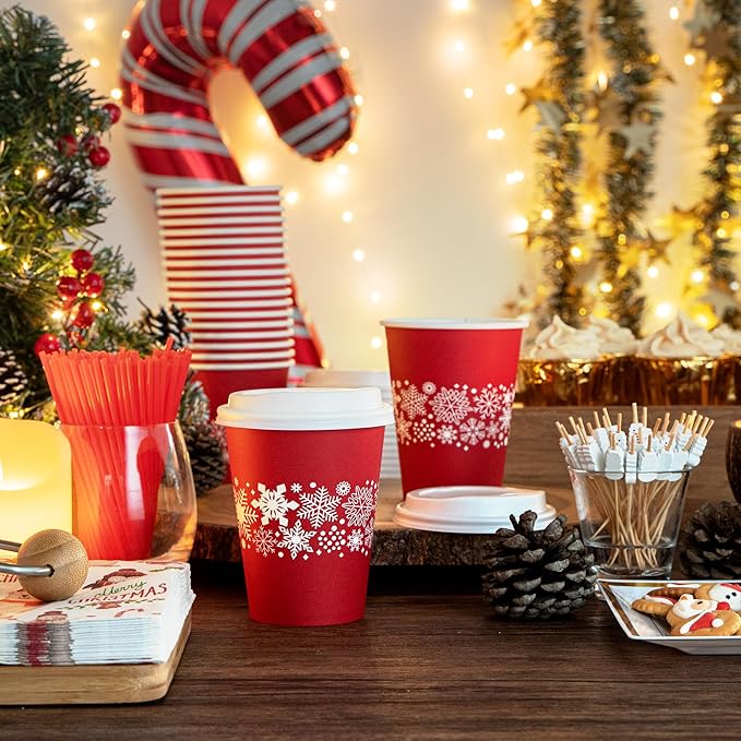 Restaurantware-Restpresso 12 Ounce Disposable Drinking Cups, 20 Hot Cups With Plastic Lids - Snowflake Design, Rolled Rim, Red Paper Coffee Cups, For Christmas Parties, Serve Hot And Cold Drinks