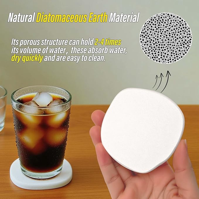 Diatomite Coasters Set of 6 | Absorbent Coasters for Drinks Cute Modern Unique Aesthetic Stone Coaster for Desks Coffee Table Instant Drying with 24 Removable Scratch Protection Pads - White