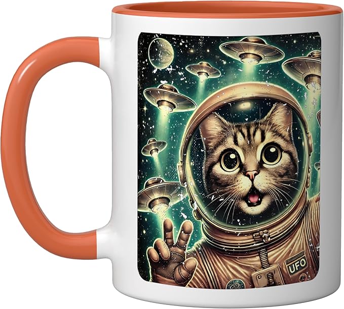 Space Cat Astronaut UFO Funny Sci-fi Alien Selfie Ceramic Mug, Orange/White
