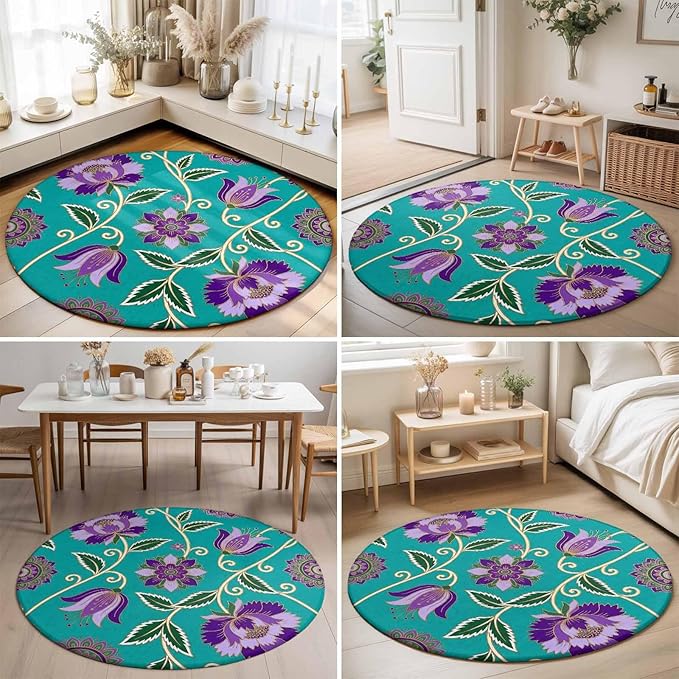Washable Round Area Rug Bohemian Purple Flowers Circle Rugs Floor Carpet for Living Room Bedroom, Paisley Floral Art Soft Non Slip Round Rug 5ft