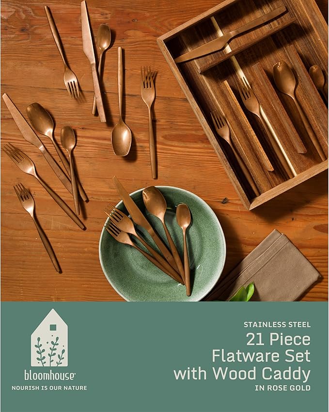 Bloomhouse - Two Time Oprah's Favorite Things Winner - 20 Piece Stone Washed Rose Gold Flatware 18/10 Stainless Steel Silverware Cutlery Utensil Set With Acacia Wood Caddy - Service for 4