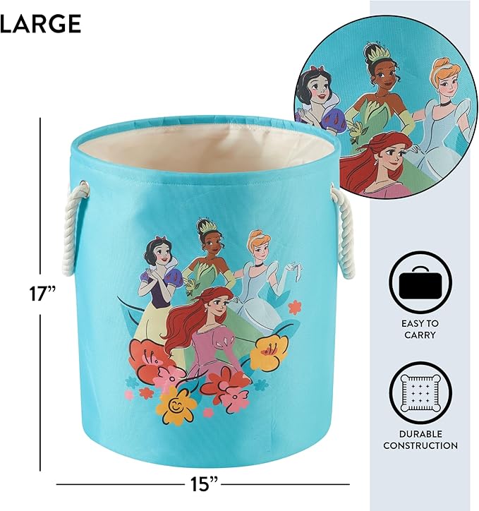 Disney Princess 3 Piece Fabric Storage Basket Set, Nestable Toy Storage Bins with Rope Handles, Kids Bedroom & Nursery Organizer