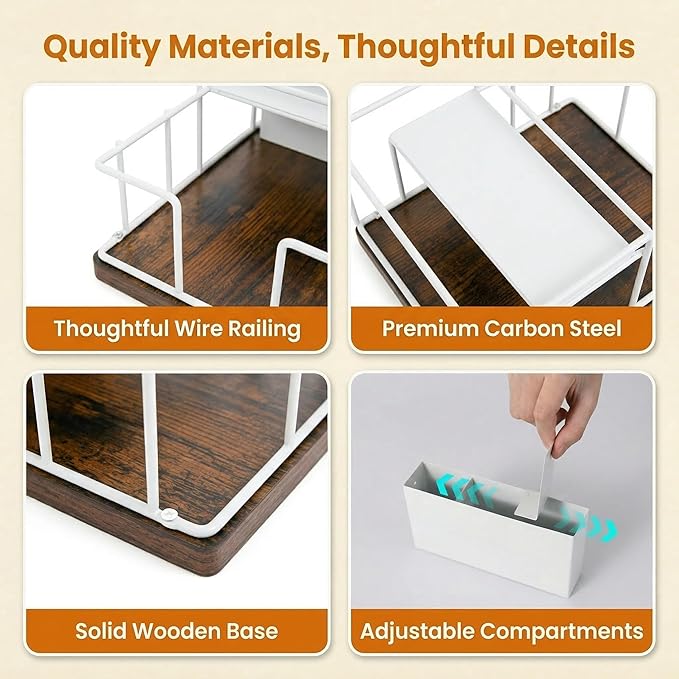 Napkin Holder for Table, 3-in-1 Wood & Metal Utensil Caddy, Cutlery Organizer & Spice Rack for Kitchen Counter, Dining, Outdoor Patio (White)