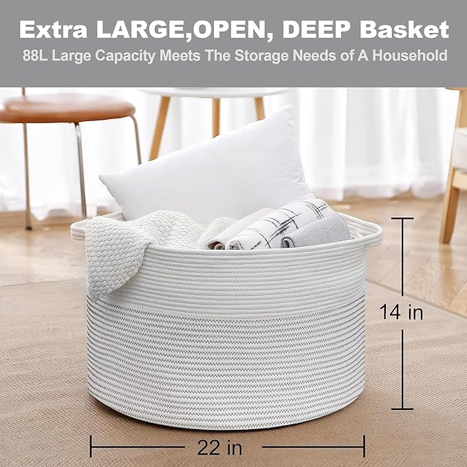 MEGASKET XXXL Large Cotton Rope Blanket Basket for Living Room, Woven Rope Storage Baskets for Organizing, Nursery Kids Toy Baskets Storage Bin Organizer, Baby Laundry Basket Hamper, Decor Basket, 88L