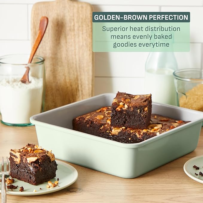 T-fal Refresh Ceramic Nonstick Baking Pans Set (5 Pieces), Roaster, 6-Cup for Muffins, Loaf, Square Baking Sheets Non Stick, Stackable Bakeware Sets, Mint Green