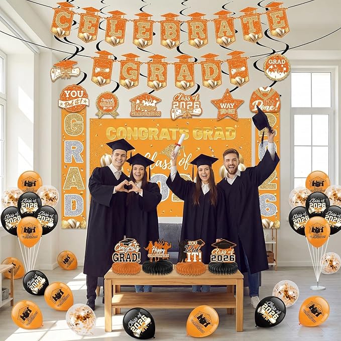 Orange 2026 Graduation Party Decor Kit-Includes Backdrop, Banner, Balloons, Hanging Ornaments & Honeycomb Decorations for Class of 2026 -Full Set for High School and University Graduation Events