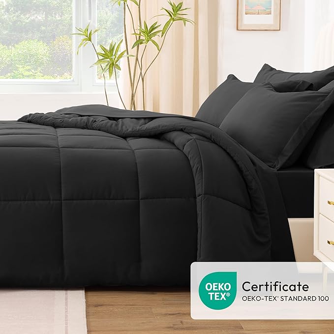 Love's cabin California King Comforter Set Ash Black, 7 Pieces California King Bed in a Bag, All Season Bedding Sets with 1 Comforter, 1 Flat Sheet, 1 Fitted Sheet, 2 Pillowcase and 2 Pillow Sham | Soft, Breathable, Lightweight, Comfortable