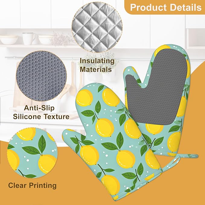 Oven Mitts and Pot Holders Yellow Lemon Silicone Kitchen Accessories Set of 4 Heat Resistant Gloves Potholder Non-Slip Grip for Chef Cooking Baking Grilling BBQ