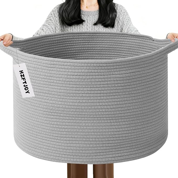 115L Extra Large Blanket Basket,Woven Rope Laundry Basket Hamper with Handles, Decorative Nursery Basket Storage Bin for Toys, Clothes Organizer, Living Room, Bedroom, Bathroom, Light Grey