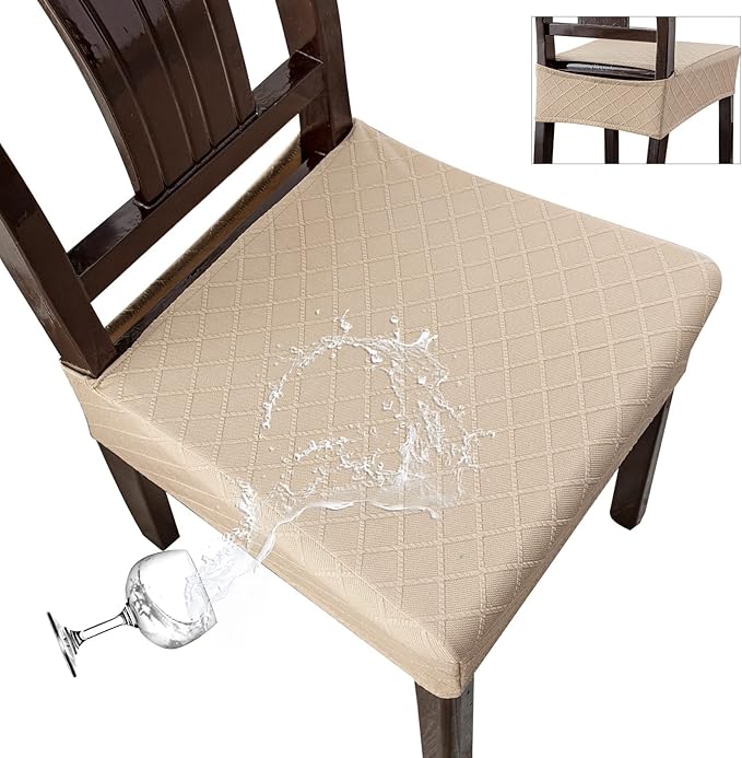 Genina Waterproof Seat Covers for Chairs,Set of 2 Dining Room Chair Seat Covers for Kitchen,Stretch Jacquard Removable Washable Dining Chair Slipcovers Protectors,No Rear Covers, Khaki