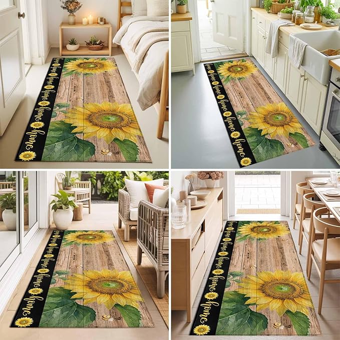 Runner Rug for Bedroom Hallway, Summer Sunflowers Bees Kitchen Runner Rugs Area Rug 2x6ft, Farmhouse Wood Background Washable Soft Floor Carpet for Entryway Stair