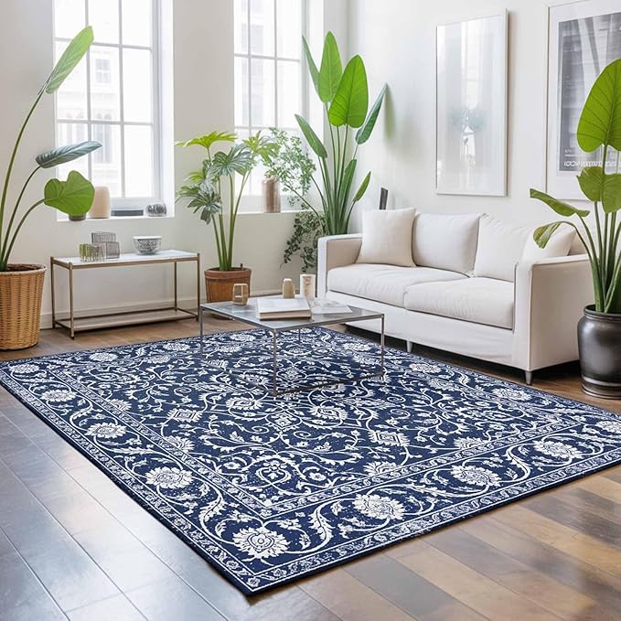 Area Rug 8x10ft, Navy Blue Paisley Floral Texture Washable Rugs for Living Room Bedroom, Vintage Tribe Flower Soft Non-Slip Area Rugs Rectangle Floor Carpet for Dining Room