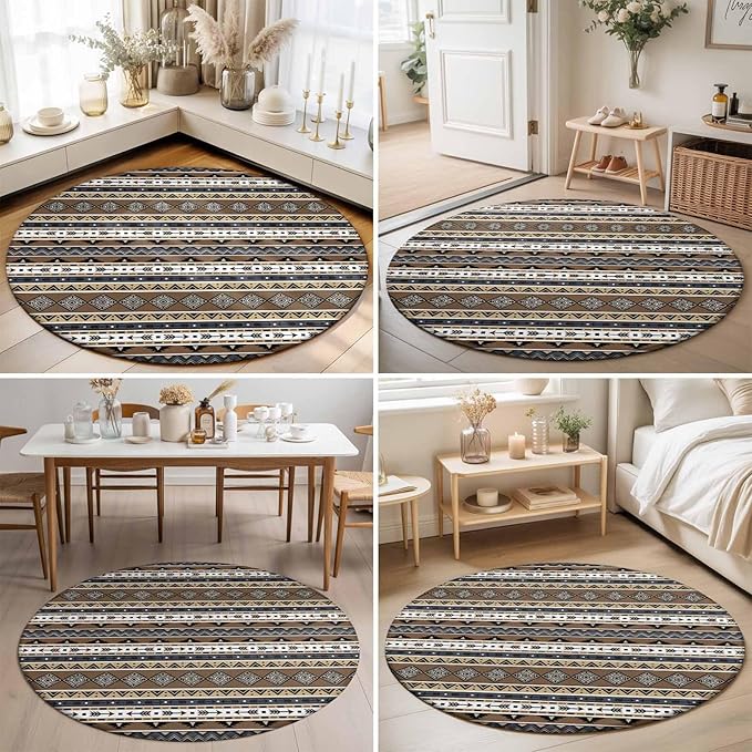 Washable Round Area Rug Boho Tribal Stripes Circle Rugs Floor Carpet for Living Room Bedroom, Ethnic Borders Arrow Motifs Soft Non Slip Round Rug 3ft